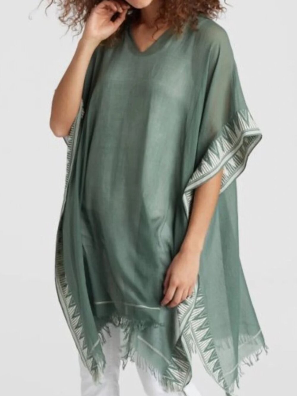 Eileen Fisher Green Sheer Coverup with embroidered Trim